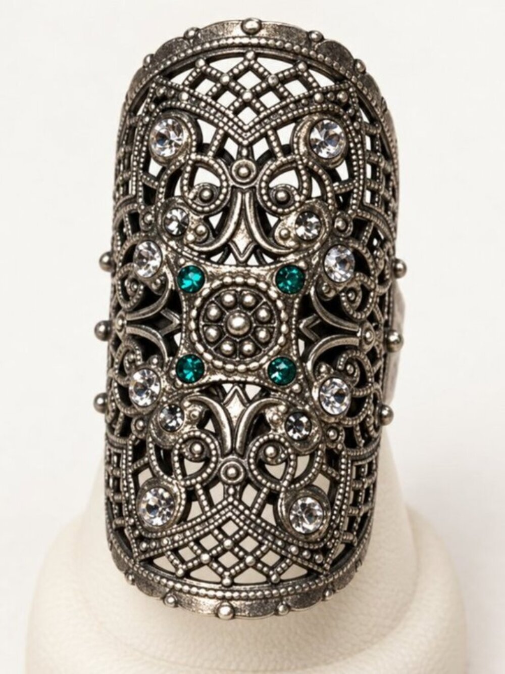 Sorrelli Green Crystal Filigree Statement Ring Silver Tone